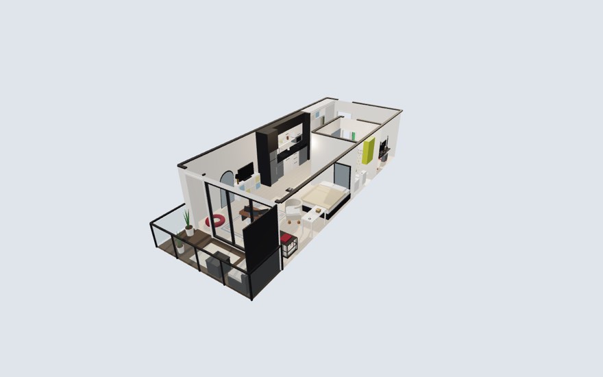 dollhouse view of a studio apartment